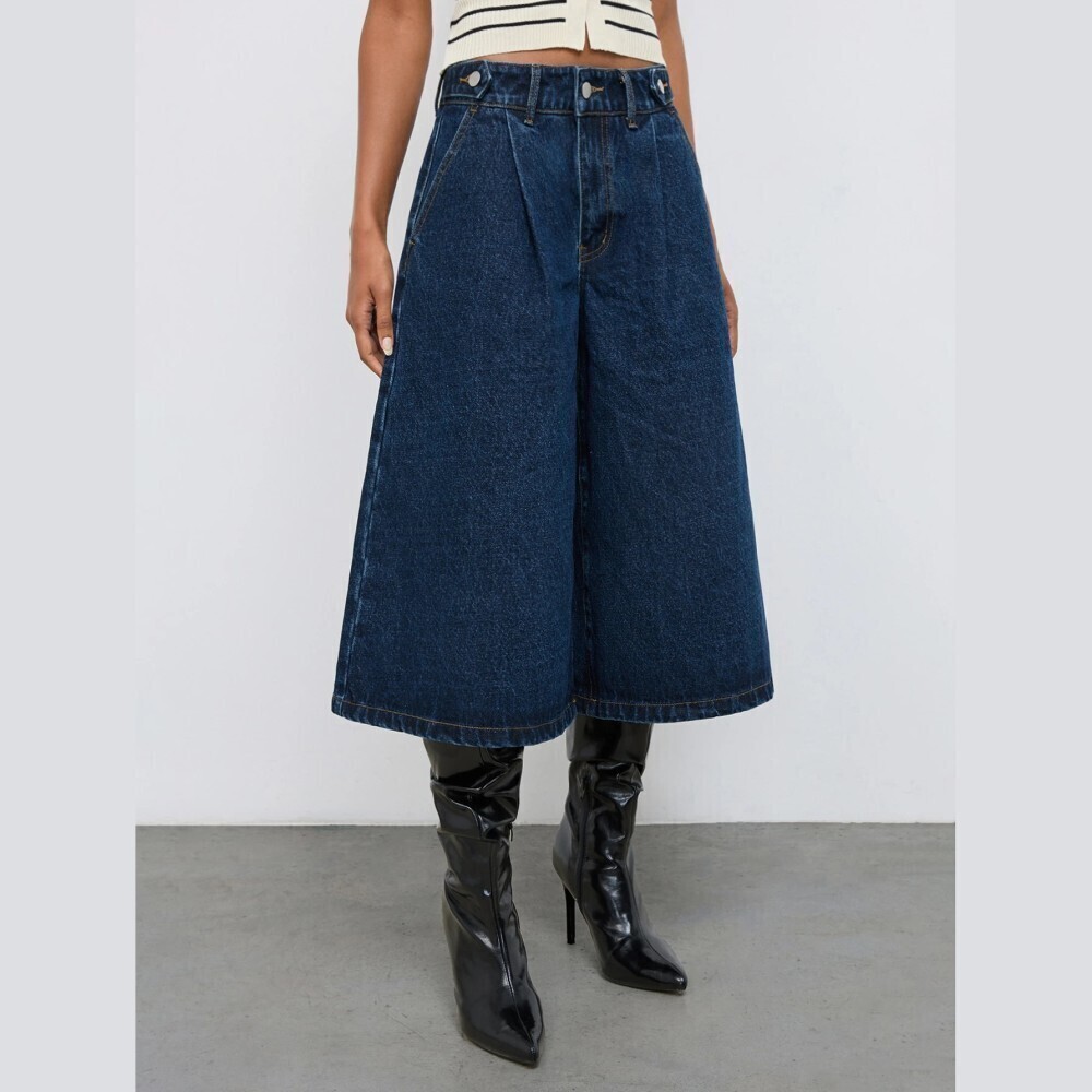 Dark Blue Denim High Waist Wide Leg Culotte Capri Jeans